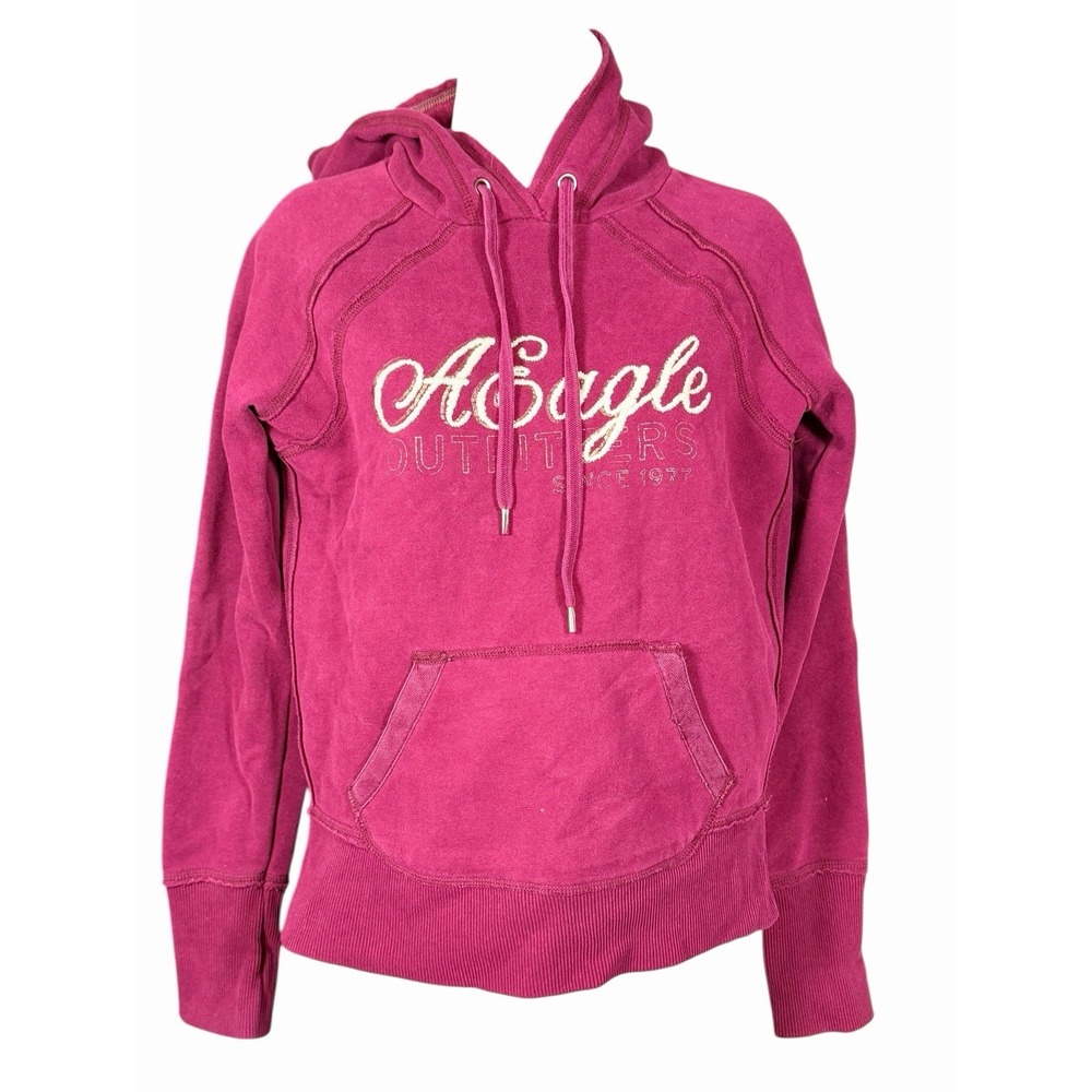 AEO Pink Hoodie‎ Small Embroidered Eagle Script Logo Y2K Magenta Pullover
